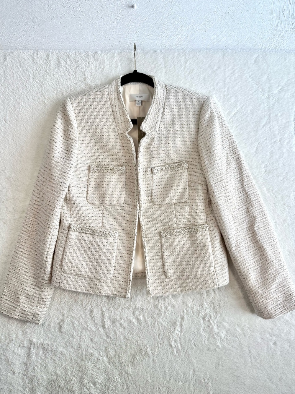 J. Crew Tweed Blazer Womenās 10 Metallic Ivory Front Pockets Preppy Office NEW
